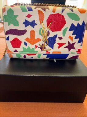 Saint Laurent White Multicolor Geometric Print Chain Crossbody